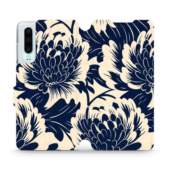 Husa flip Mobiwear pentru Huawei P30, design flori, albastru, material piele ecologica