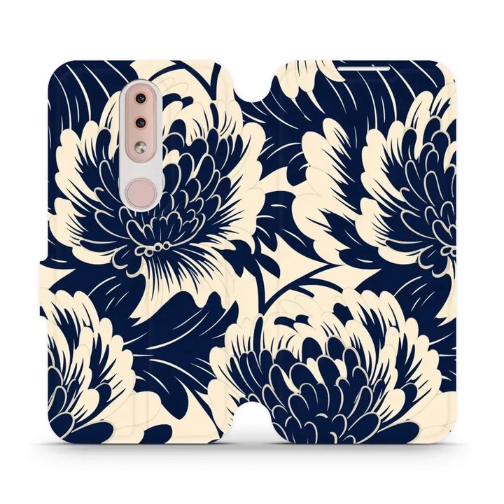 Husa flip Mobiwear pentru Nokia 4.2, design flori, albastru, material ecologic