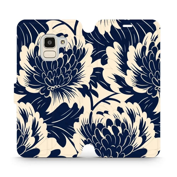 Husa flip pentru telefon Samsung Galaxy J6 2018, Mobiwear, design cu flori, albastra, material din piele ecologica