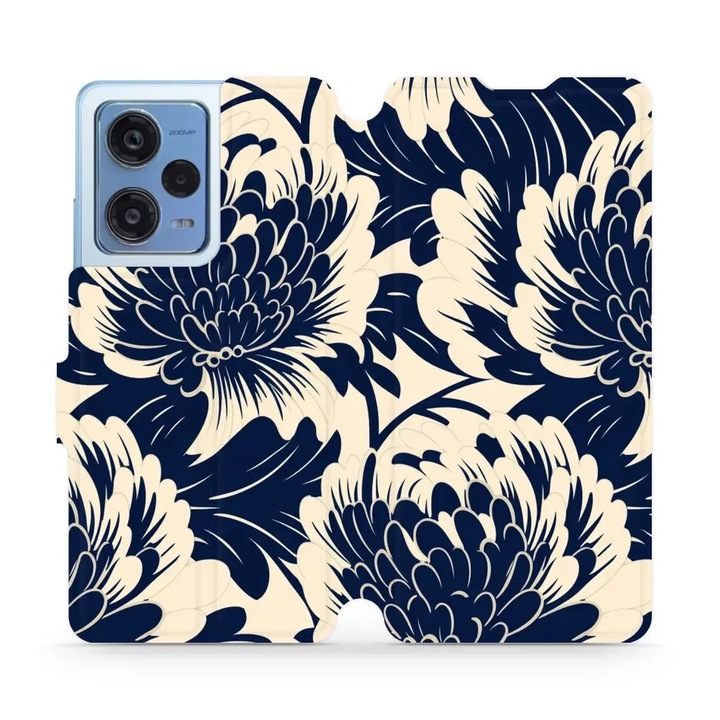 Husa flip Mobiwear pentru Xiaomi Redmi Note 12 Pro Plus 5G, design floral, albastra, material ecologic