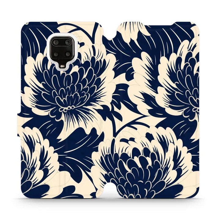 Husa flip Mobiwear pentru Xiaomi Redmi Note 9 Pro / 9S, design cu flori, albastra, material ecologic