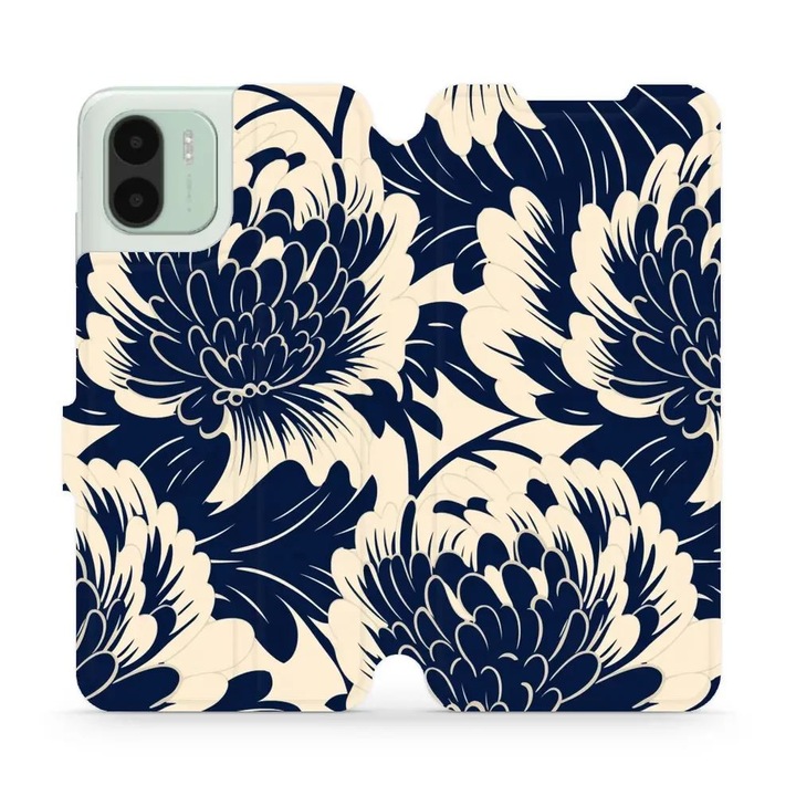 Husa flip Mobiwear pentru Xiaomi Redmi A2, albastra cu flori, rezistenta la socuri si zgarieturi
