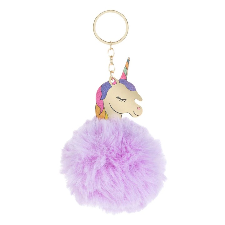 Kulcstartó Pompom, Lila, Unikornis, 10cm