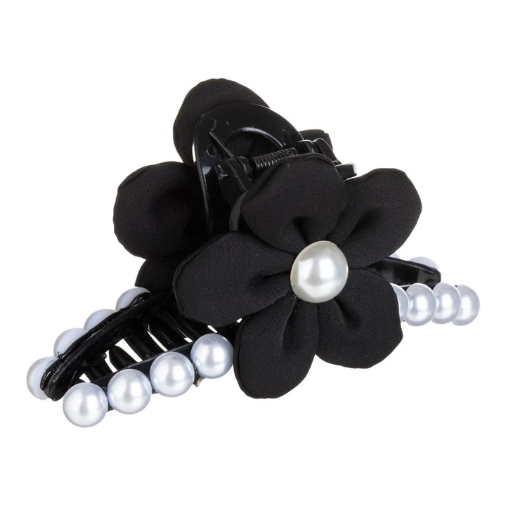 Clama Par Neagra cu Margele Albe & Floare Neagra pentru Femei 11cm