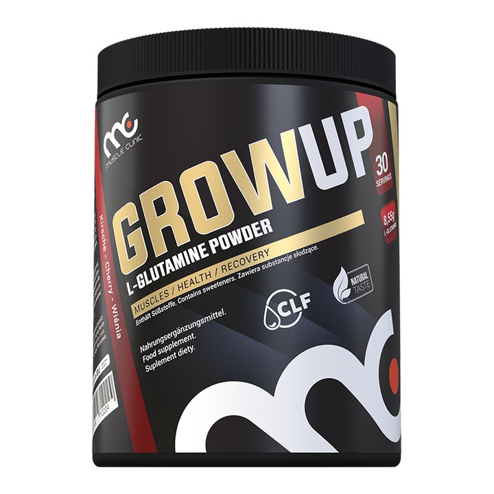 Supliment pudra L-glutamina Muscle Clinic GrowUp, 300g, aroma capsuni-lamaie, regenerare musculara