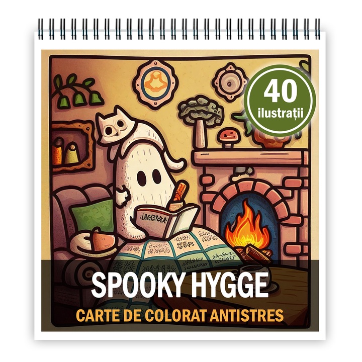 Антистрес книжка за оцветяване, 40 илюстрации Spooky Hygge, 86 страници, Формат: 21x21 см, Издателство Cadouri Legendare