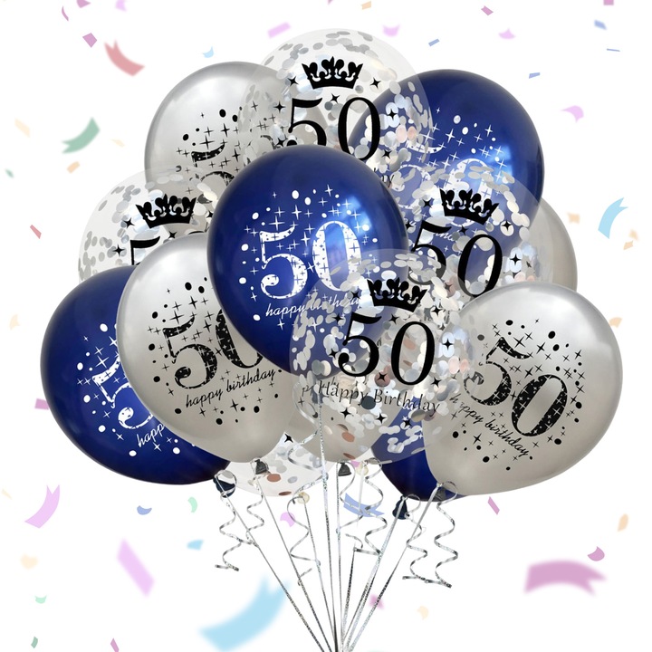 Комплект балони за 50-ти рожден ден, Enforose, 15 броя, тъмносин и сребрист