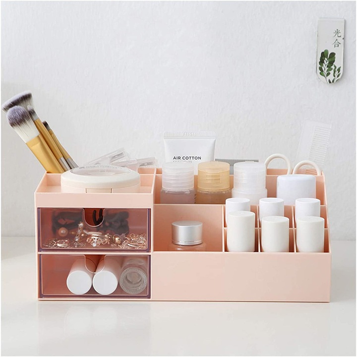 Organizator sertar machiaj Enforose, compartimente multifunctionale, roz, 30x15x10cm