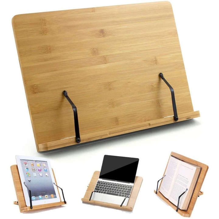 Suport de carte din bambus ecologic, Enforose, ajustabil, multifunctional, pentru carti mari, tablete si telefoane, design portabil, colorat