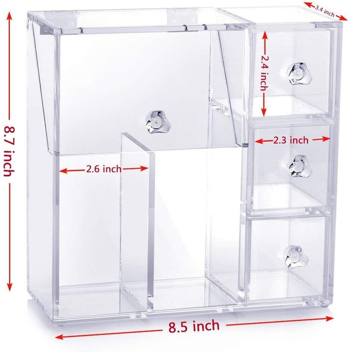 Enforose sminkrendszerező, prémium akril tartó, porálló kialakítás, 2 ecsettartó, 3 fiók