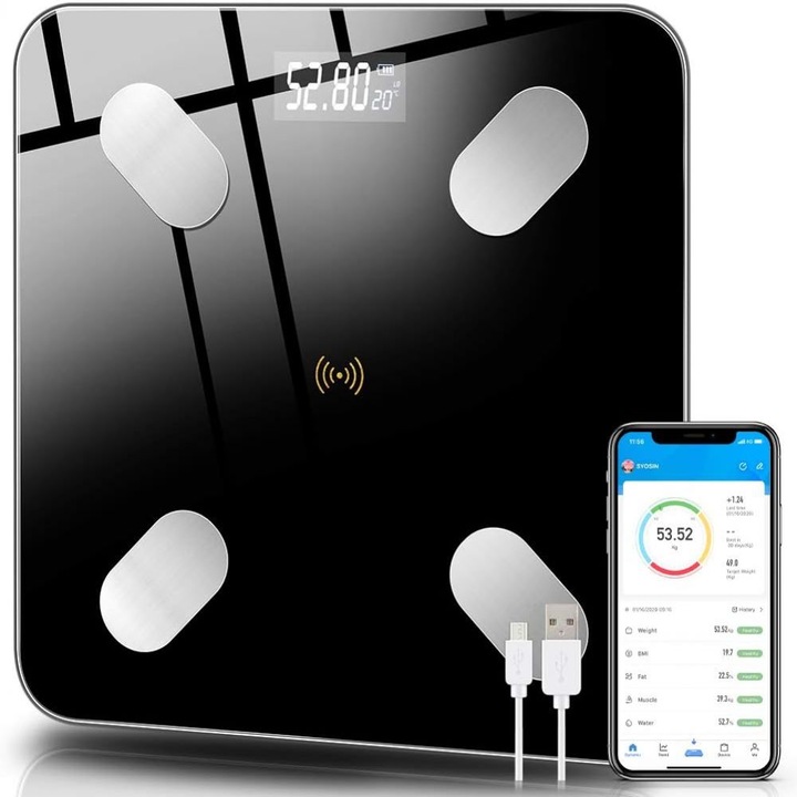 Bluetooth кантар за тяло Enforose, 180кг, 13 показателя за състав на тялото, неограничен брой потребителски профили, презареждаем