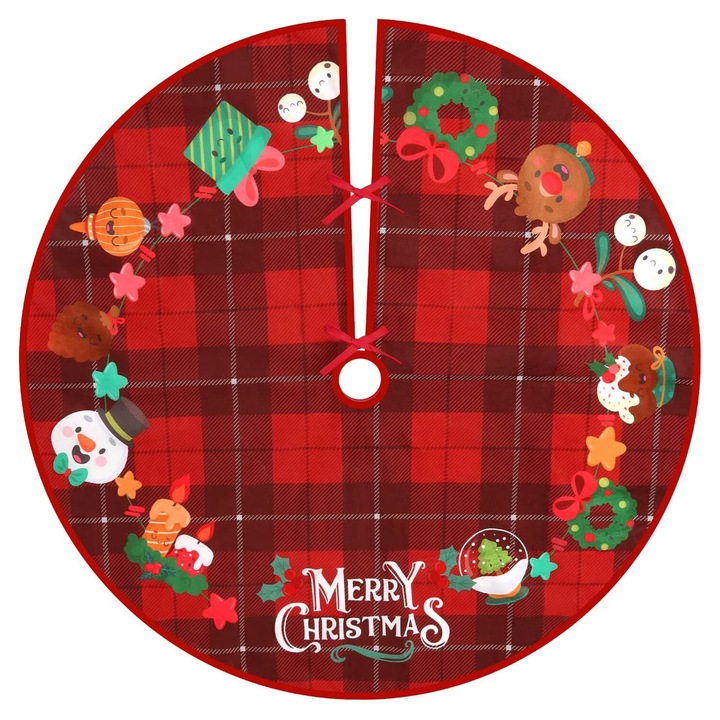 Fusta pentru brad de Craciun cu imprimeu Ren, diametru 90 cm, covoras de Craciun din tesatura durabila si usoara pentru instalare rapida, decoratiune reutilizabila potrivita pentru casa si birou