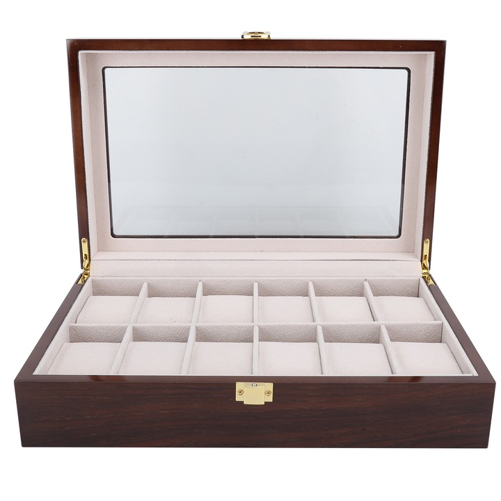 Cutie de depozitare pentru ceasuri din lemn, 12 compartimente, AMRINUGL, culoare naturala, 1489g