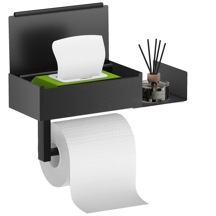 Suport pentru hartie igienica AMRINUGL, din otel inoxidabil, negru, cu compartiment pentru servetele umede, dimensiuni 20x12x6.35cm