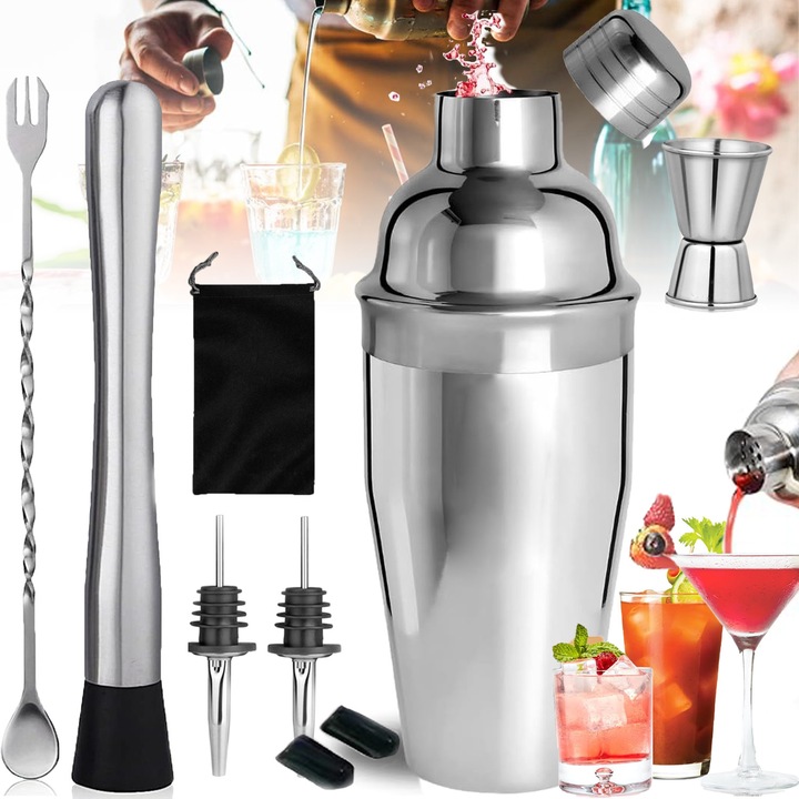 Set ustensile de bar pentru cocktail Puepoul, 7 piese, inox, shaker 750 ml, argintiu
