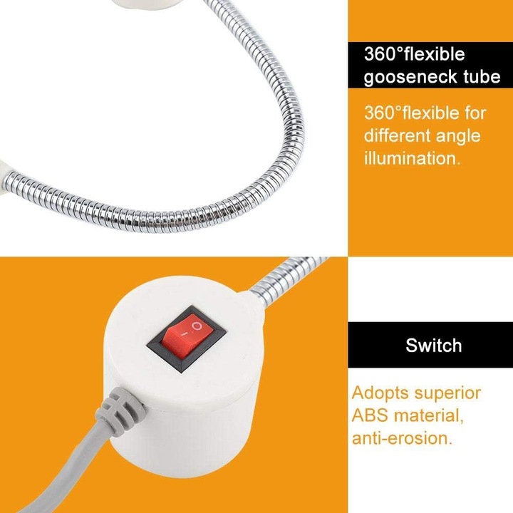 LED munkalámpa 30, mágneses tartóval, 360°-ban hajlítható, varrógéphez, 220V
