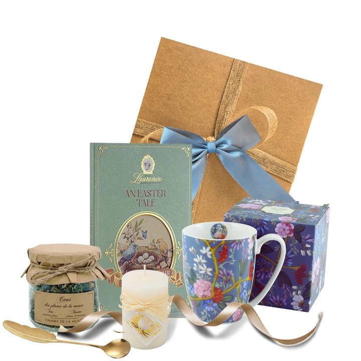 Cadou Poveste de Paste cu Ceai din plante de la munte 20 g: Produs de casa. Ciocolata cu lapte Laurence, An easter tale, 80 g Cana cu motiv floral, Lumanare parfumata, Cutie cadou, Panglica decorativa, Felicitare
