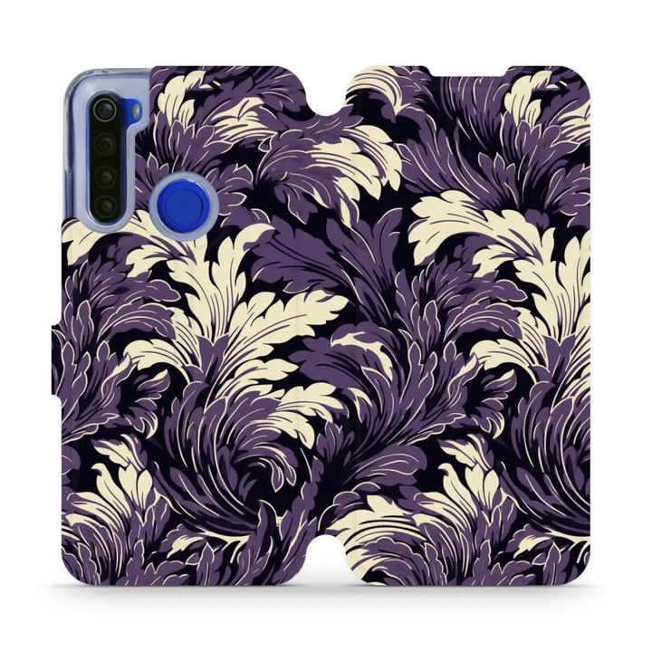 Husa flip Mobiwear pentru Xiaomi Redmi Note 8T, design flori, protectie completa, culoare mov, material ecologic