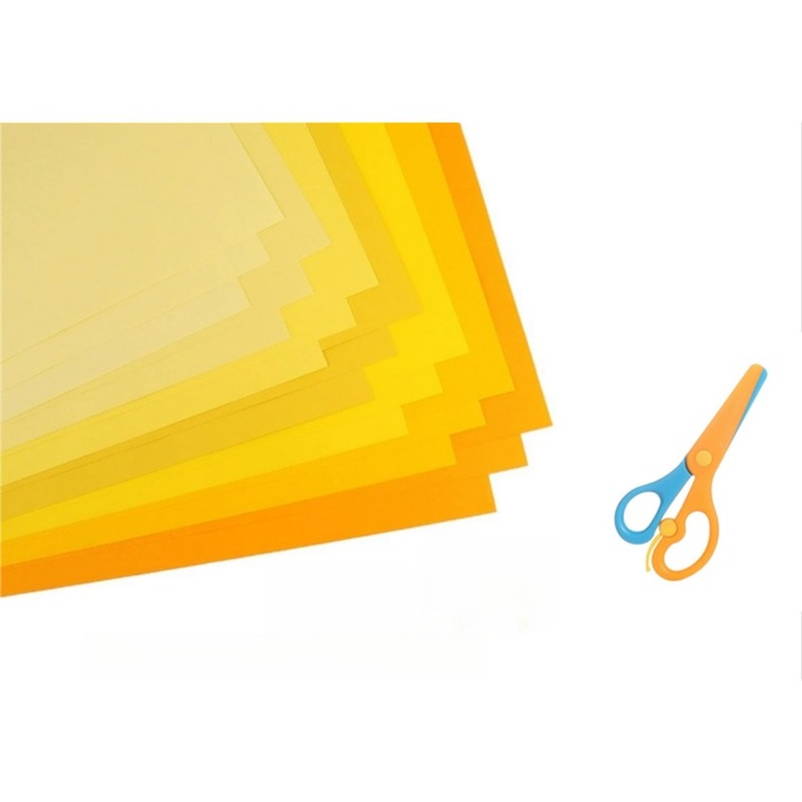 Set de carton colorat A4 cu gradient galben, 35 foi (7 nuante x 5 buc), 29x21 cm, cu foarfeca pentru copii