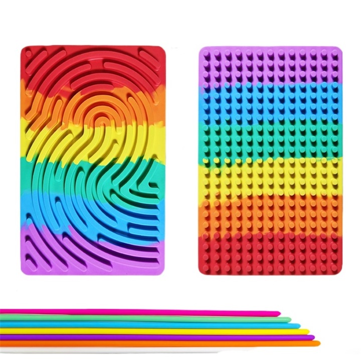 Placa de Activitati Senzationale din Silicon, Jocuri de Relaxare, Culori Curcubeu, 210x130x20mm, Set 20 Corde