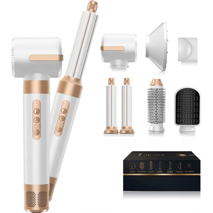 Uscator de par CAKMGER 7 in 1, 1400W, aer cald si rece, pentru par cret si drept, platinat