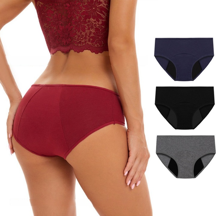 Set chiloti menstruali CAKMGER, stil IDA, impermeabili, bumbac organic, 4 bucati, marimea S, negru/gri/albastru/rosu