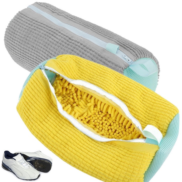 Sac pentru incaltaminte cu perie, set 2 piese, CAKMGER, portabil, reutilizabil, galben/gri