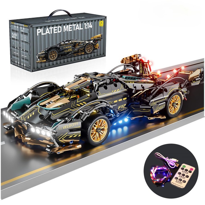 Set de blocuri de construit auto sport, CAKMGER, model MOC 1:14, 1314 piese, cu LED, negru