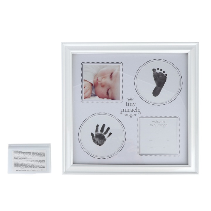Rama amprente maini si picioare bebelusi cu rama foto alba, decoratiune camera copilului