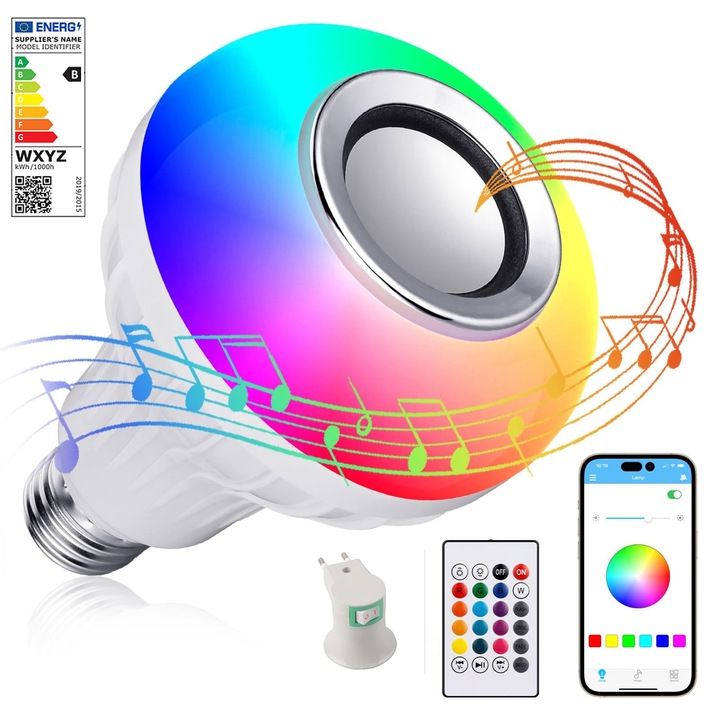 Bec LED, CAKMGER, 12W, 12 culori, soclu E27, cu difuzor Bluetooth, control de la distanta, alb