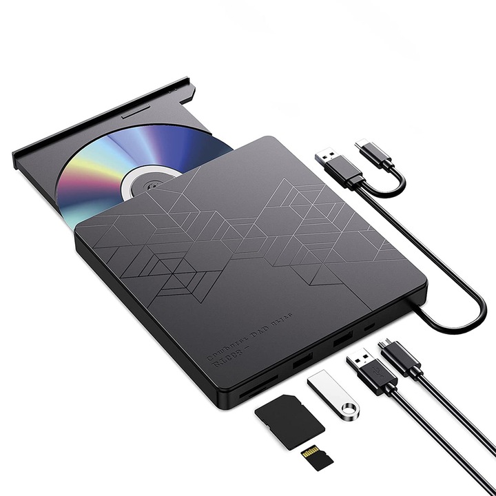 Unitate optica externa CAKMGER, DVD burner portabil ultra-subtire, USB 3.0, compatibilitate laptop/PC, negru