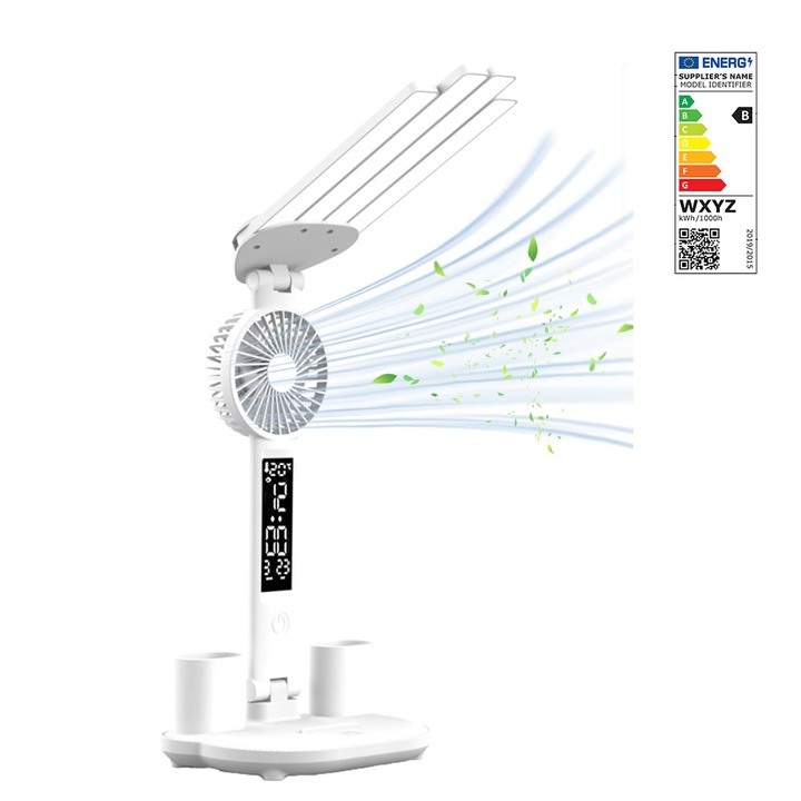 Veioza multifunctionala 3 in 1 CAKMGER, lampa LED cu ventilator, 3 moduri de iluminare, alb