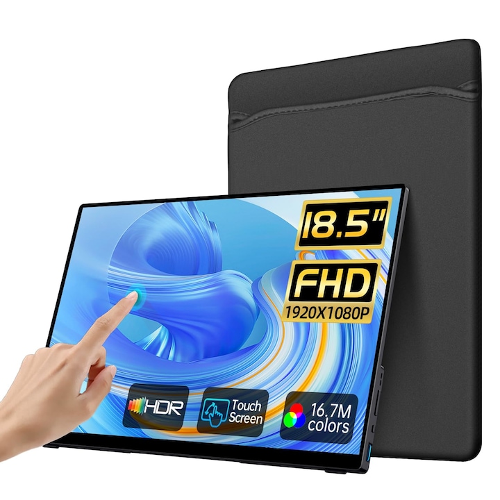 WUFK преносим сензорен монитор, FHD IPS (100Hz), вградени високоговорители, USB-C, HDMI, съвместим с лаптоп/телефон 18.5''
