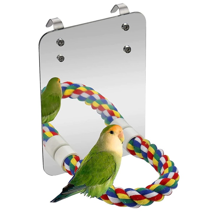 Jucarie de divertisment pentru pasari, Enforose, lemn masiv natural, carlig metalic robust, oglinda acrilica, instalare usoara