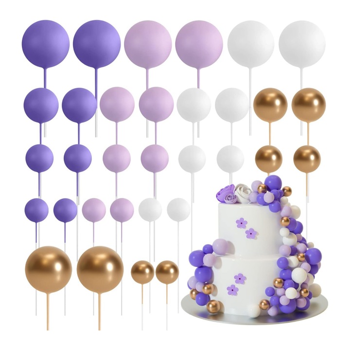 Set cu 32 sfere, decoratiuni pentru ornarea torturilor si prajiturilor, 4 marimi 2/2.5/3/4cm, Vanaxalife®, Lila/Alb/Aur