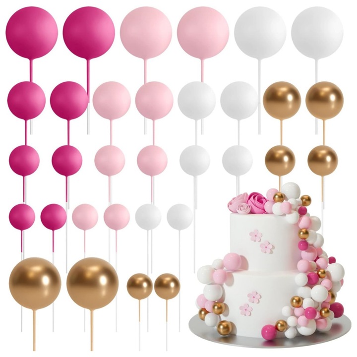 Set cu 32 sfere, decoratiuni pentru ornarea torturilor si prajiturilor, 4 marimi 2/2.5/3/4cm, Vanaxalife®, Roz/Alb/Aur