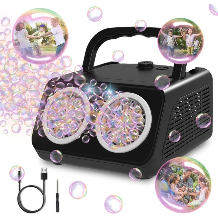 Автоматична машина за балончета за деца, машина за правене на балони, автоматична, 20000+ балона в минута, 26 порта, цветен светодиод, черен, комплект с 120ML разтвор, сватба, подаръци за рожден ден