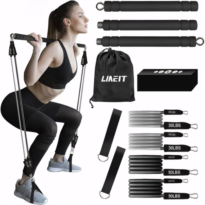 Set de bara Pilates, cu 6 benzi elastice, 20 lbs, 30 lbs, 40 lbs de rezistenta mare, pentru antrenamente la diferite etape. Set de exercitii pentru modelarea corpului, potrivit pentru gimnaziul de acasa si utilizare in aer liber