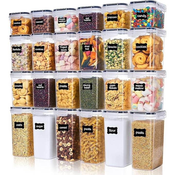 Set de 24 cutii alimentare transparente, Borcane de depozitare ermetice cu capace, cutii de depozitare bucatarie pentru faina, zahar, cereale, 6 cutii de 2L, 12 cutii de 1.6L, 6 cutii de 0.8L, cu etichete si marker
