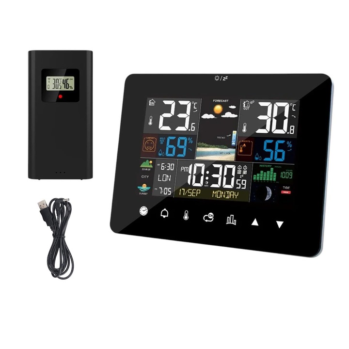 Vezeték nélküli időjárás állomás, kültéri érzékelő, hőmérő, páratartalom mérő, időjárás előrejelzés, kettős riasztás, nap és dátum, öröknaptár, színes LCD kijelző érintőgombokkal, USB töltés, OUYLAF, fekete