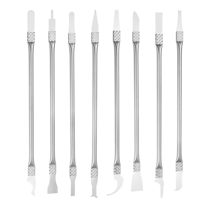 Set 8 spatule pentru modelare, Axroad Mall, Kit reparatie telefoane, Rezistenta la uzura si la coroziune, Design antiderapant, Design ultra subtire, Pentru reparatie electronice, telefoane, tablete, lungime 168 mm, Aluminiu, Argintiu