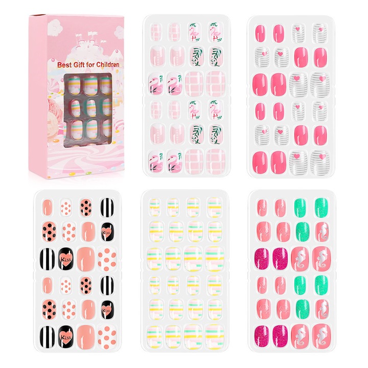 Комплект от 120 детски изкуствени нокти, SINBINTA, Press-on, 5 модела, Пластмаса, Многоцветен