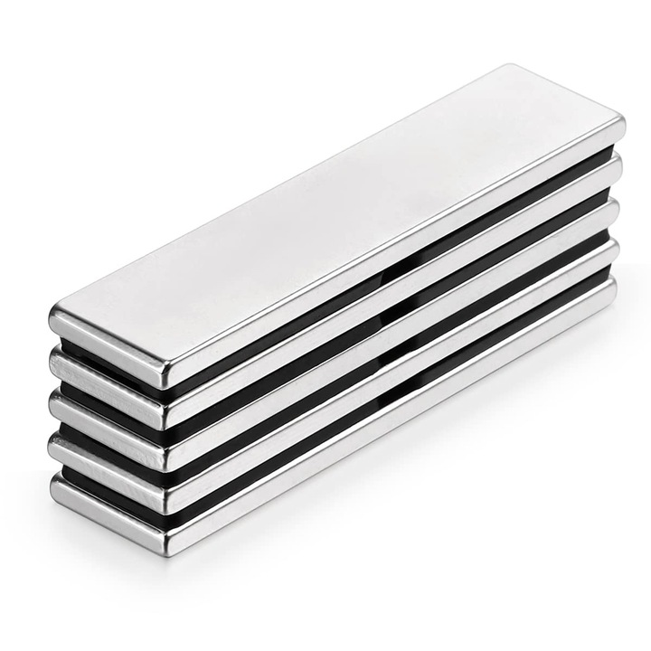 Set 5 Magnet Neodim Bloc, SINBINTA, Putere de aspirare puternica, Rezistent la uzura, Anti rugina, Puternic si durabil, Putere mare de aderenta, compacti si rezistenti pentru birou, ateliere si acasa, 60x10x5mm, Argintiu