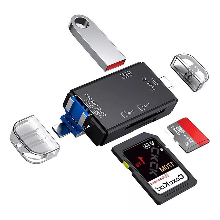 OEM 6 az 1-ben kártyaolvasó, USB-C, micro USB, USB 2.0, 512 GB, hordozható