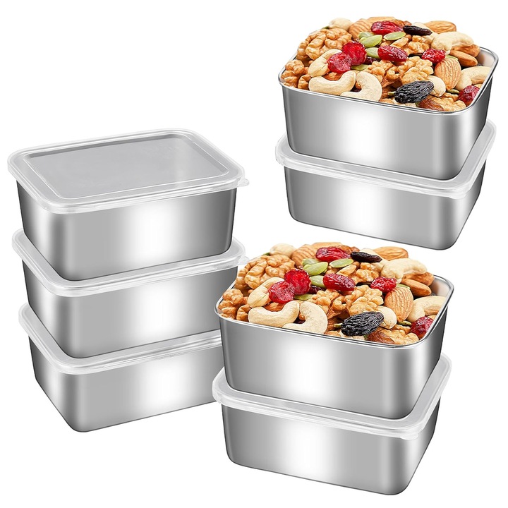 Set 7 Cutii Alimentare, SINBINTA, Caserole Inox, 100% etans, Capac complet sigilat, Depozitare facila si economisesc spatiu, Portabil, Pentru frigider, congelator, cuptor cu microunde, 13.5x10.5x5cm, Argint
