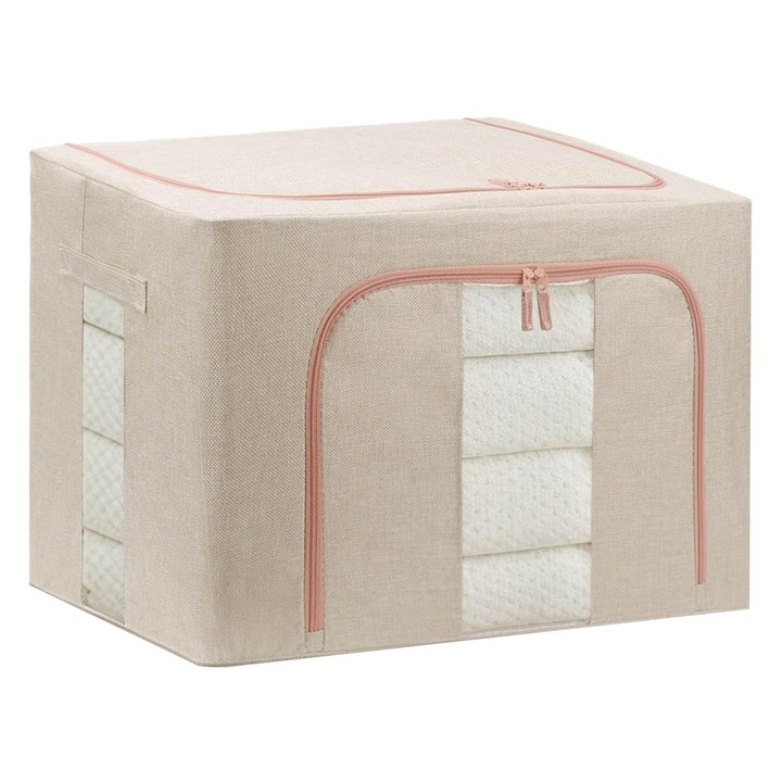 Cutie de Depozitare Pliabila, SINBINTA, 24L, Cu fereastra transparenta, Inchidere cu fermoar, 2 maner, Rezistent la praf si umiditate, Suport baza stabil din metalic, Economie de spatiu, Pentru haine, paturi, plapumi, perne, Oxford, 40x30x20cm, Bej