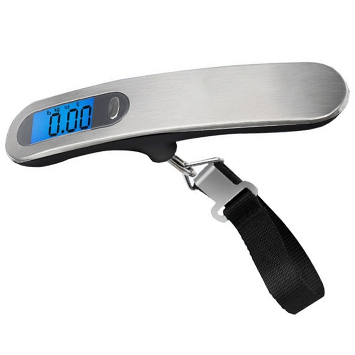 Cantar pentru Bagaje de Inalta Precizie, SINBINTA, Cantar Electronic Bagaje de Mana, 110 lb/50 kg, Afisaj LCD, Functia tare, Design T, Alimentare cu baterie, Pentru calatorie, ABS/Inox, 19x15cm, Argintiu/Negru