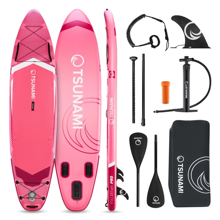 Stand Up PaddleBoard gonflabil, TSUNAMI, SUP PRO, T10, 351*81*15 cm, 13.5 kg, PVC, 160 kg flotabilitate, pagaie pentru inot, pompa de mana portabila, cu kit de reparatii, rucsac pentru toate accesoriile, roz/alb
