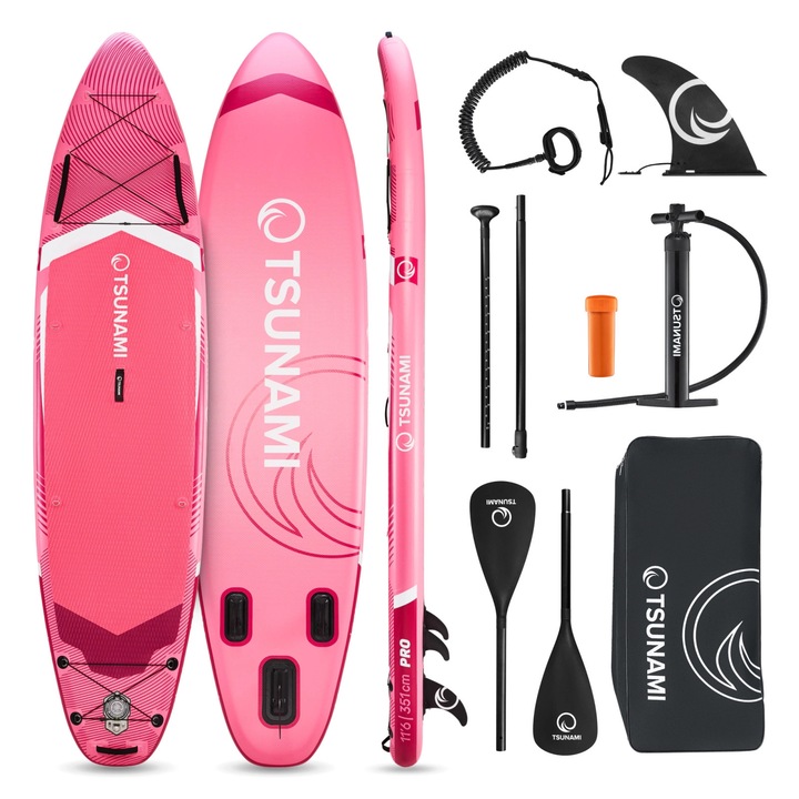 Placa gonflabilă, Stand Up, PaddleBoard, TSUNAMI SUP PRO, 351x86x15cm, 13.5kg, roz/alb, maxim 160kg, set complet cu accesorii