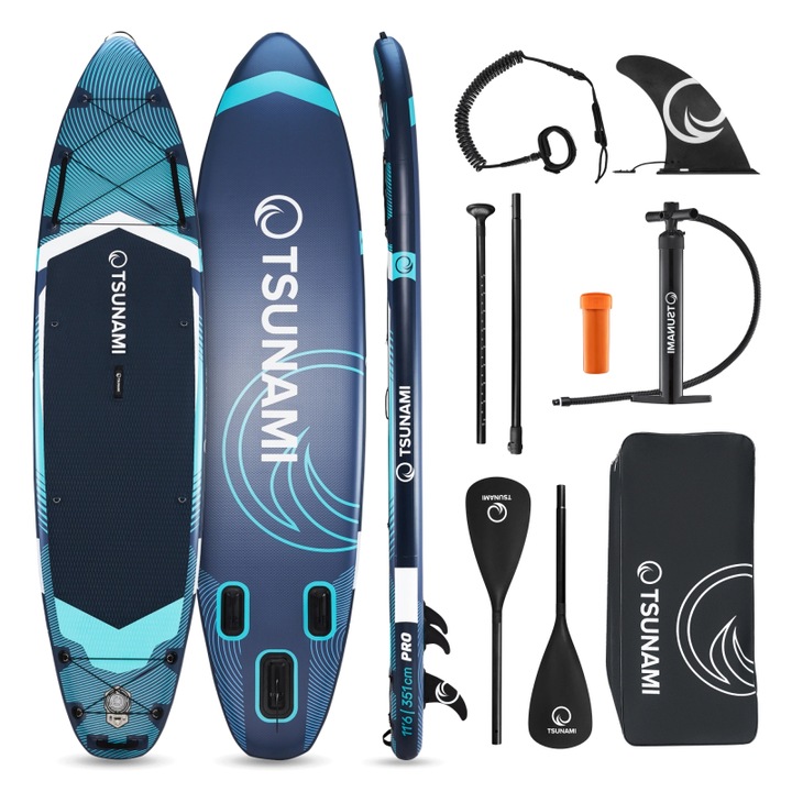 Placa gonflabila Stand Up PaddleBoard, TSUNAMI, SUP PRO, T12, 351*81*15 cm, 13.5kg, PVC, rucsac de transport pentru toate accesoriile, pagaie inclusa pentru inot, kit de reparatii cu eliberare rapida, cu pompa de mana, albastru/alb/gri